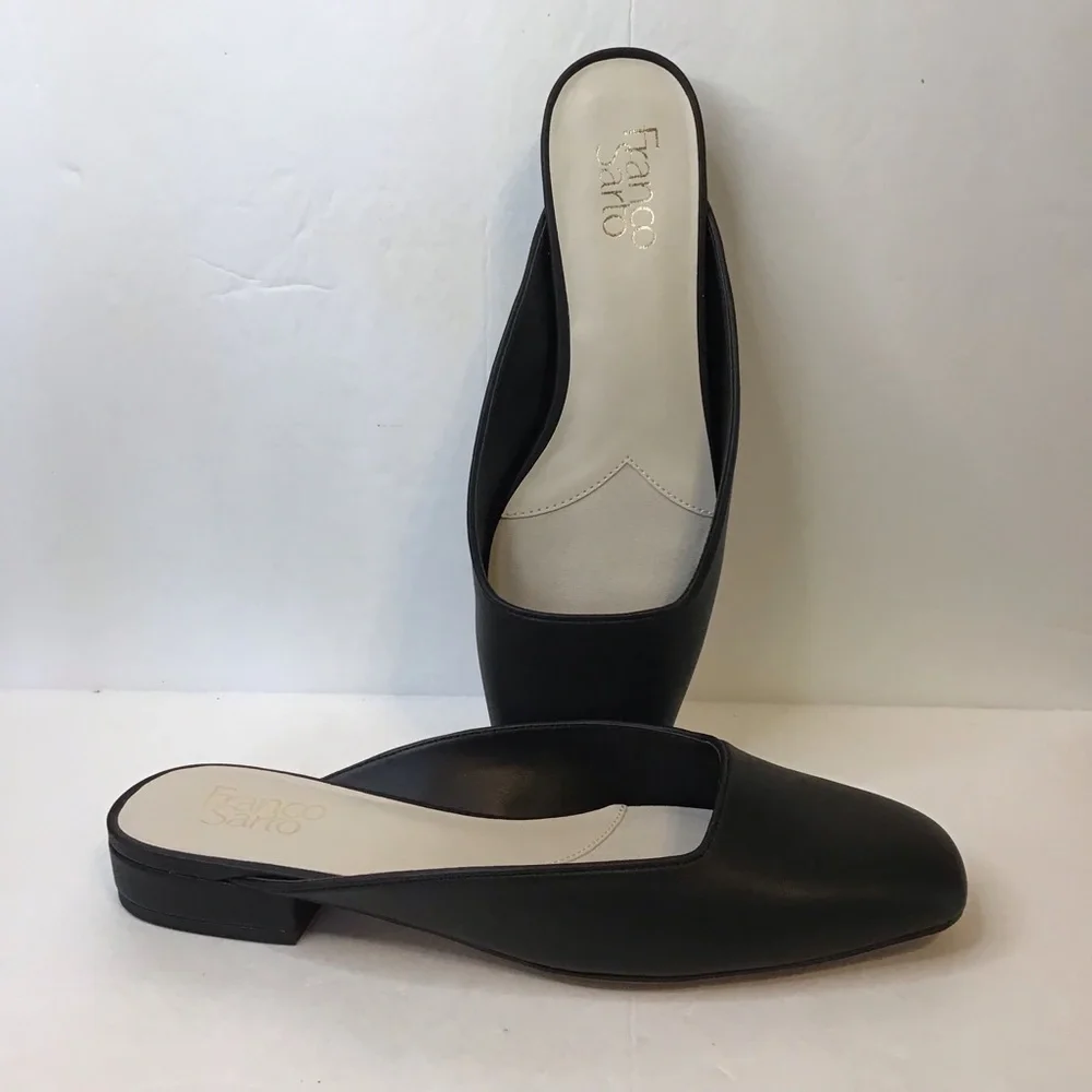 FRANCO SARTO Women's Black Faux Leather Square-Toe Slip-On Mules 8 NEW